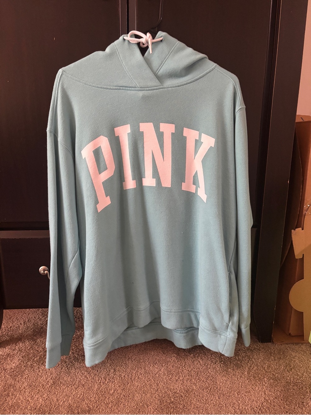 PINK Victoria's Secret Seafoam Blue Hoodie with Pale Pink Logo